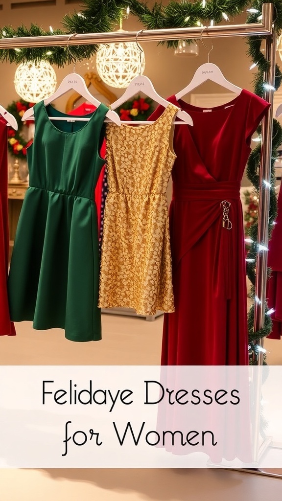 A collection of festive dresses for women in various styles and colors, perfect for Christmas and New Year